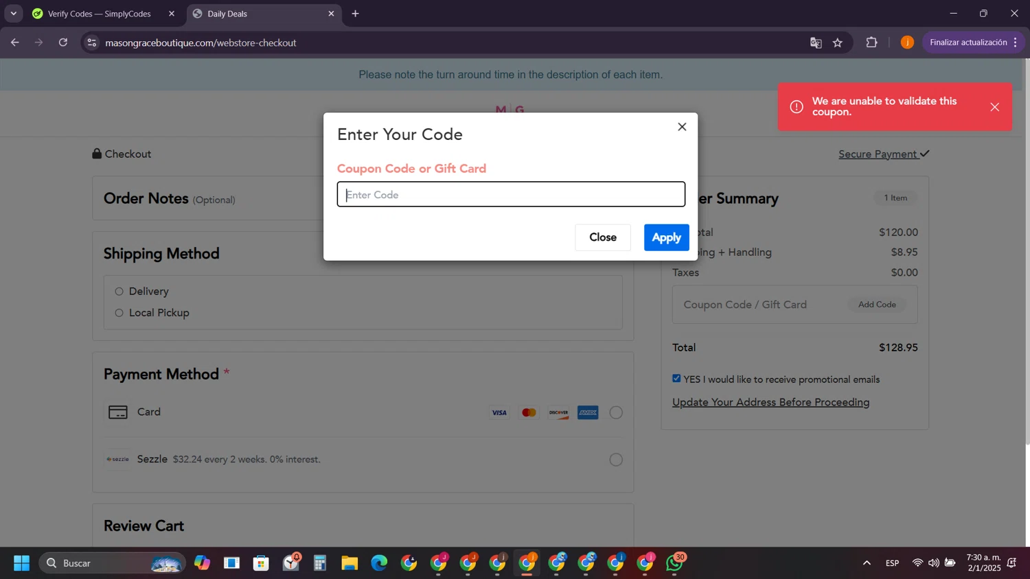 Mason + Grace Boutique coupon code screenshot showing code RAIN applied at Mason + Grace Boutique checkout page. Uploaded by SimplyCodes community member SilverSentinel5952 on Jan 2, 2025
