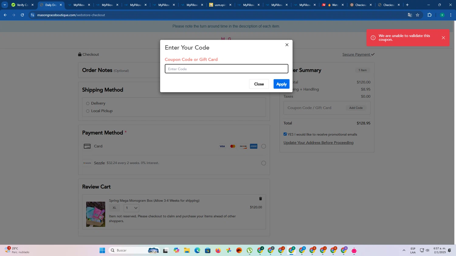 Mason + Grace Boutique coupon code screenshot showing code RAIN applied at Mason + Grace Boutique checkout page. Uploaded by SimplyCodes community member FrugalExpert8809 on Jan 2, 2025