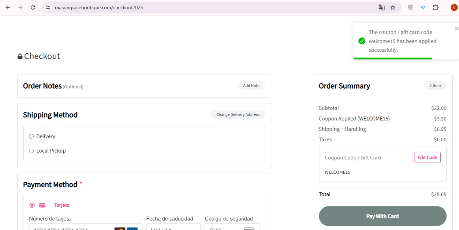 Mason + Grace Boutique coupon code screenshot showing code welcome15 applied at Mason + Grace Boutique checkout page. Uploaded by SimplyCodes community member carol_lameda on Dec 22, 2025