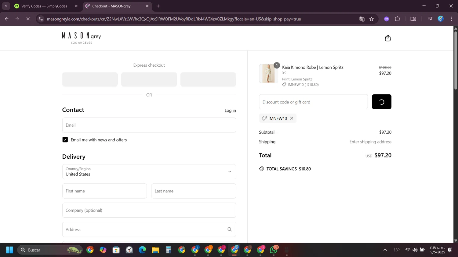 MASON GREY promo code screenshot showing code IMNEW10 applied at MASON GREY checkout page. Uploaded by SimplyCodes community member VictoriousPioneer4638 on May 9, 2025