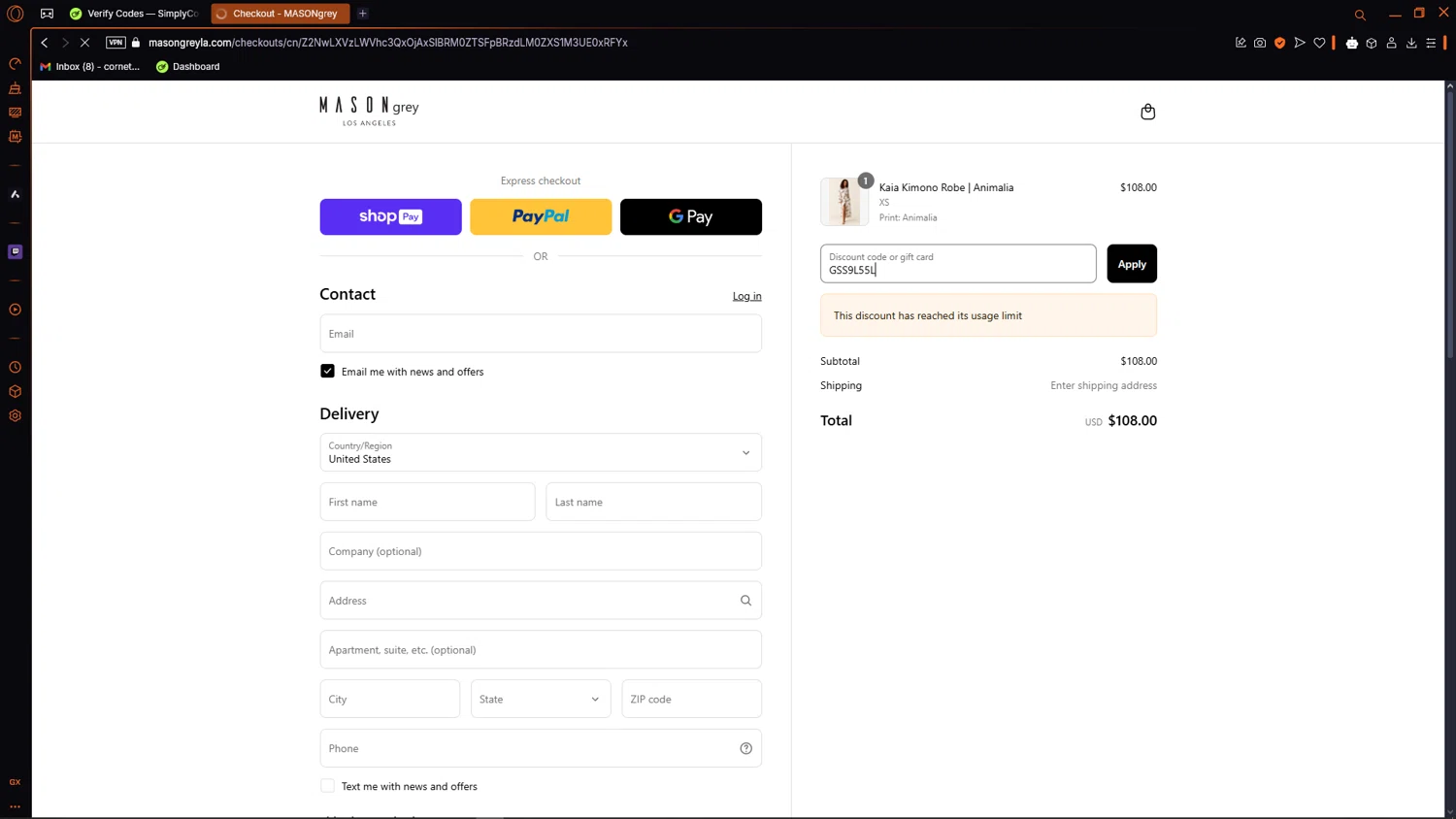 MASON GREY promo code screenshot showing code GSS9L55L applied at MASON GREY checkout page. Uploaded by SimplyCodes community member ThriftyMaverick5752 on Mar 19, 2025