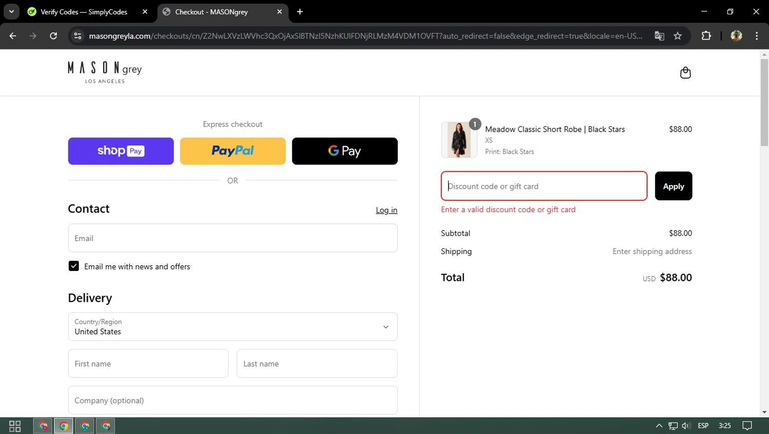 MASON GREY promo code screenshot showing code Alisha15 applied at MASON GREY checkout page. Uploaded by SimplyCodes community member Tralalelo on Mar 20, 2025