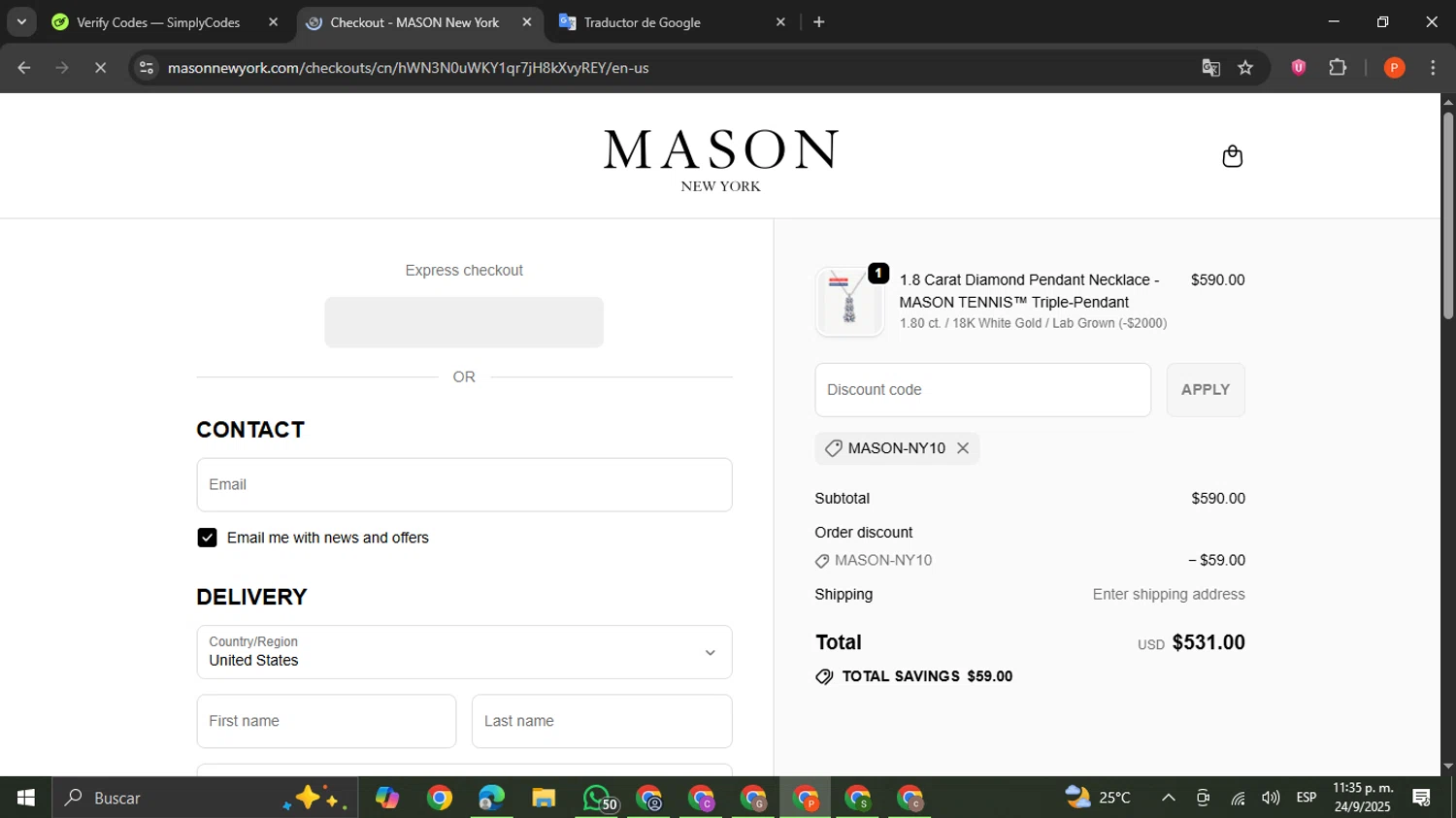 MASON New York promo code screenshot showing code MASON-NY10 applied at MASON New York checkout page. Uploaded by SimplyCodes community member VictoriousCaptain2658 on Sep 25, 2025