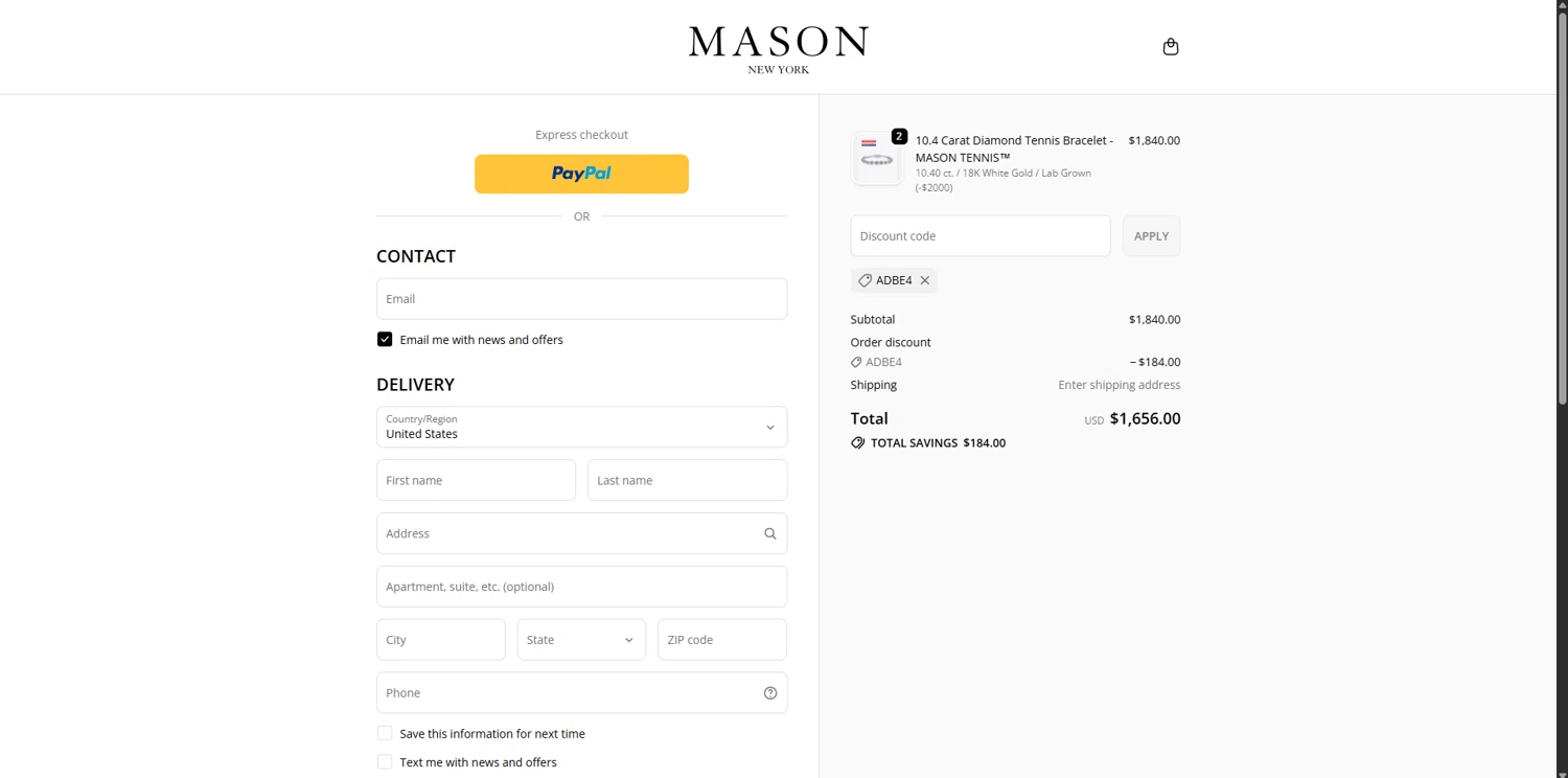 MASON New York promo code screenshot showing code ADBE4 applied at MASON New York checkout page. Uploaded by SimplyCodes community member SavvyLynx6076 on Oct 3, 2025