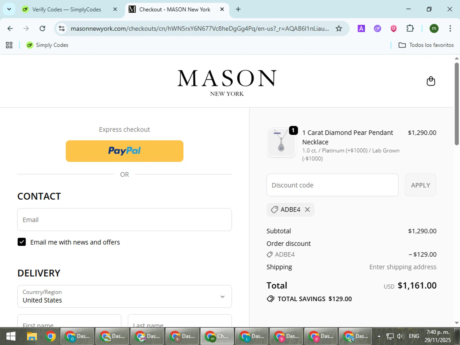 MASON New York promo code screenshot showing code ADBE4 applied at MASON New York checkout page. Uploaded by SimplyCodes community member VoucherCollector9196 on Nov 29, 2025