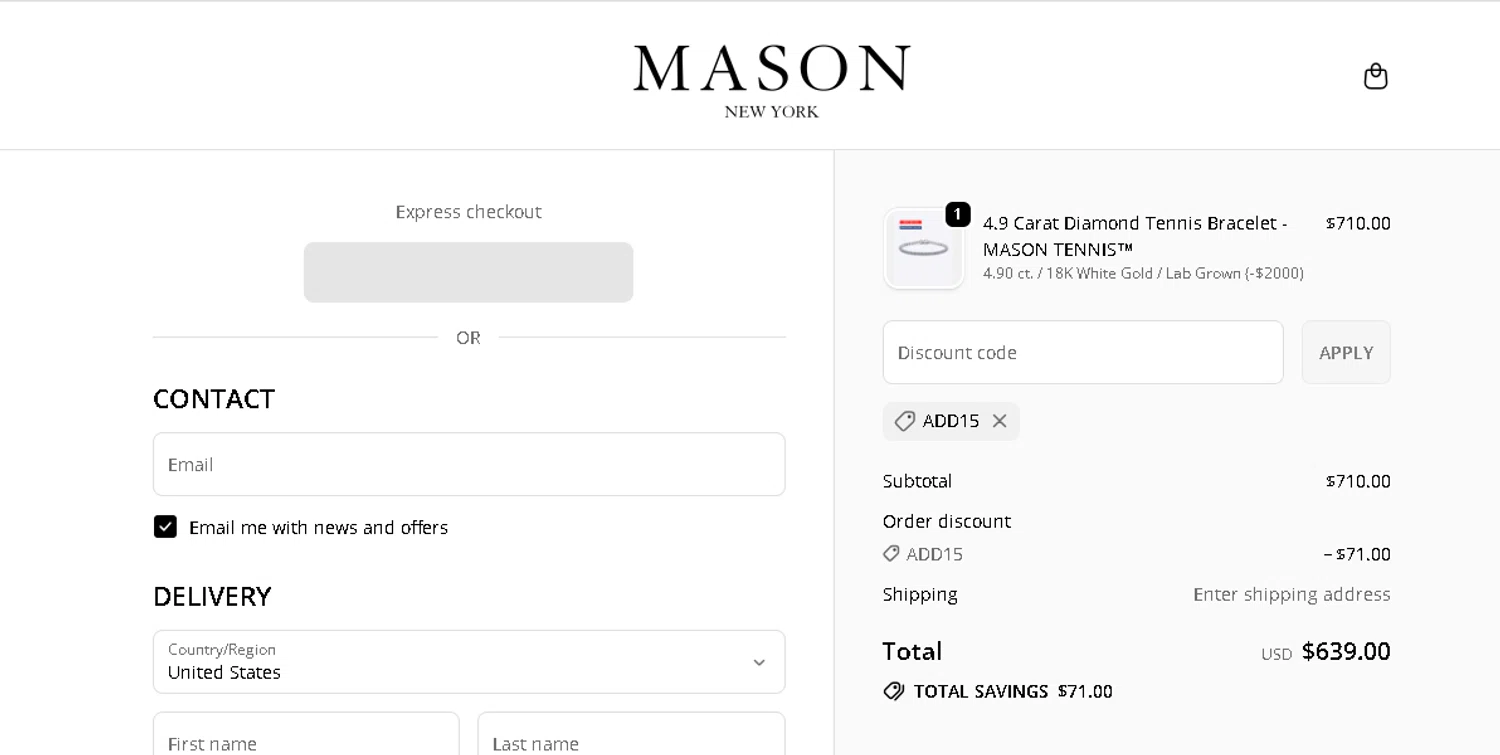 MASON New York promo code screenshot showing code ADD15 applied at MASON New York checkout page. Uploaded by SimplyCodes community member BLUEBLASTOISE on Sep 21, 2025