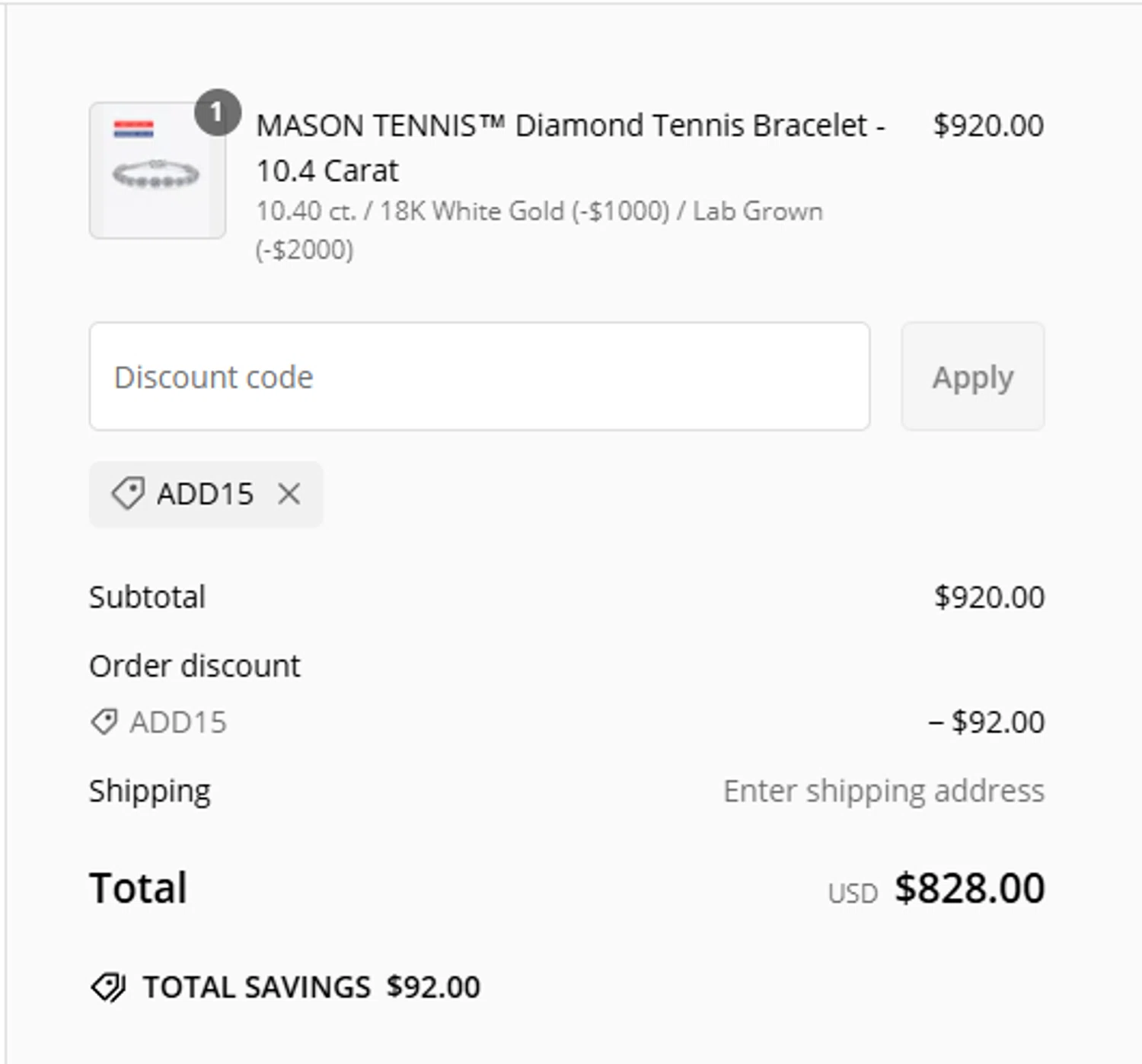 MASON New York promo code screenshot showing code ADD15 applied at MASON New York checkout page. Uploaded by SimplyCodes community member MagnificentCollector7829 on Feb 23, 2025