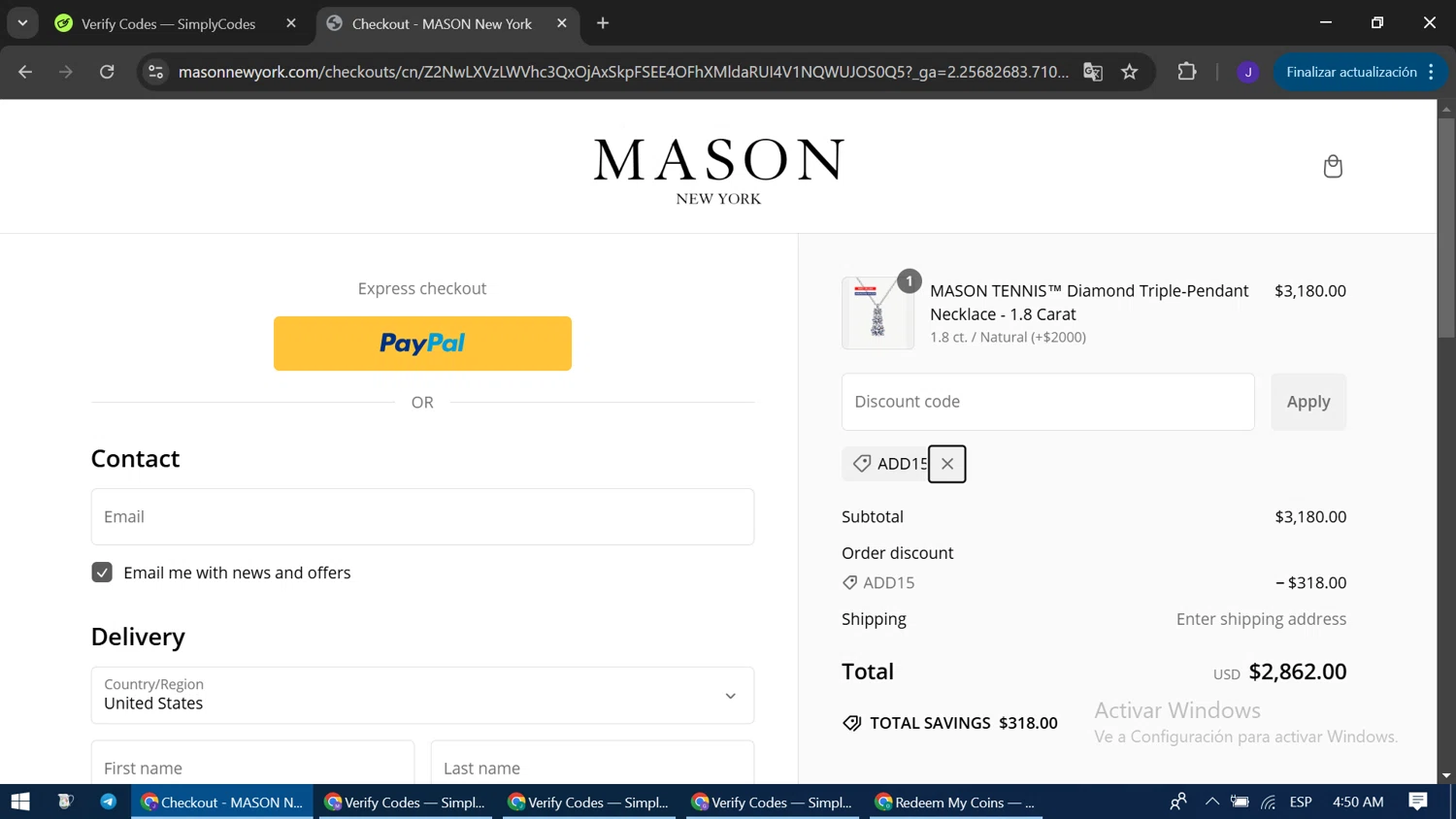 MASON New York promo code screenshot showing code ADD15 applied at MASON New York checkout page. Uploaded by SimplyCodes community member ExtraordinaryWizard9697 on Jan 25, 2025