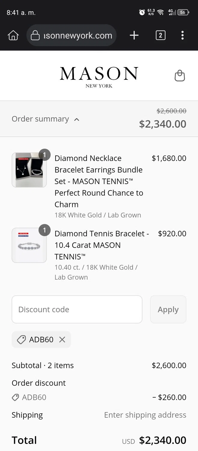 MASON New York promo code screenshot showing code ADB60 applied at MASON New York checkout page. Uploaded by SimplyCodes community member GumballWatterson on Mar 27, 2025