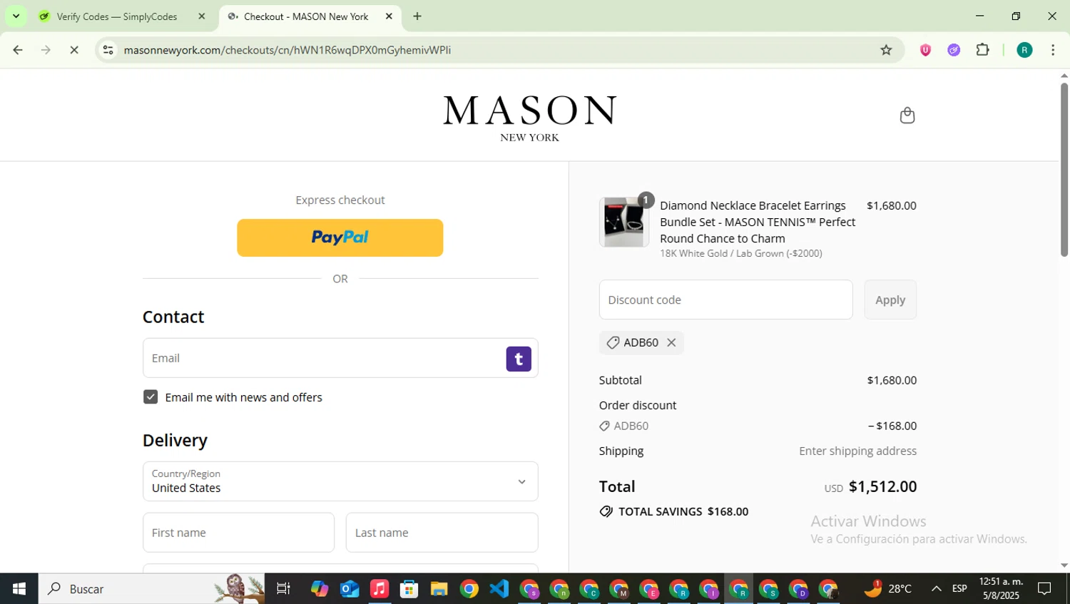 MASON New York promo code screenshot showing code ADB60 applied at MASON New York checkout page. Uploaded by SimplyCodes community member SavingsLegend387 on Aug 5, 2025
