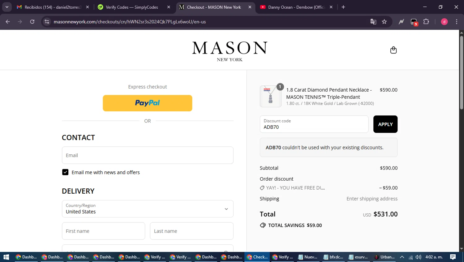 MASON New York promo code screenshot showing code ADB70 applied at MASON New York checkout page. Uploaded by SimplyCodes community member MagnificentSpotter4236 on Sep 12, 2025