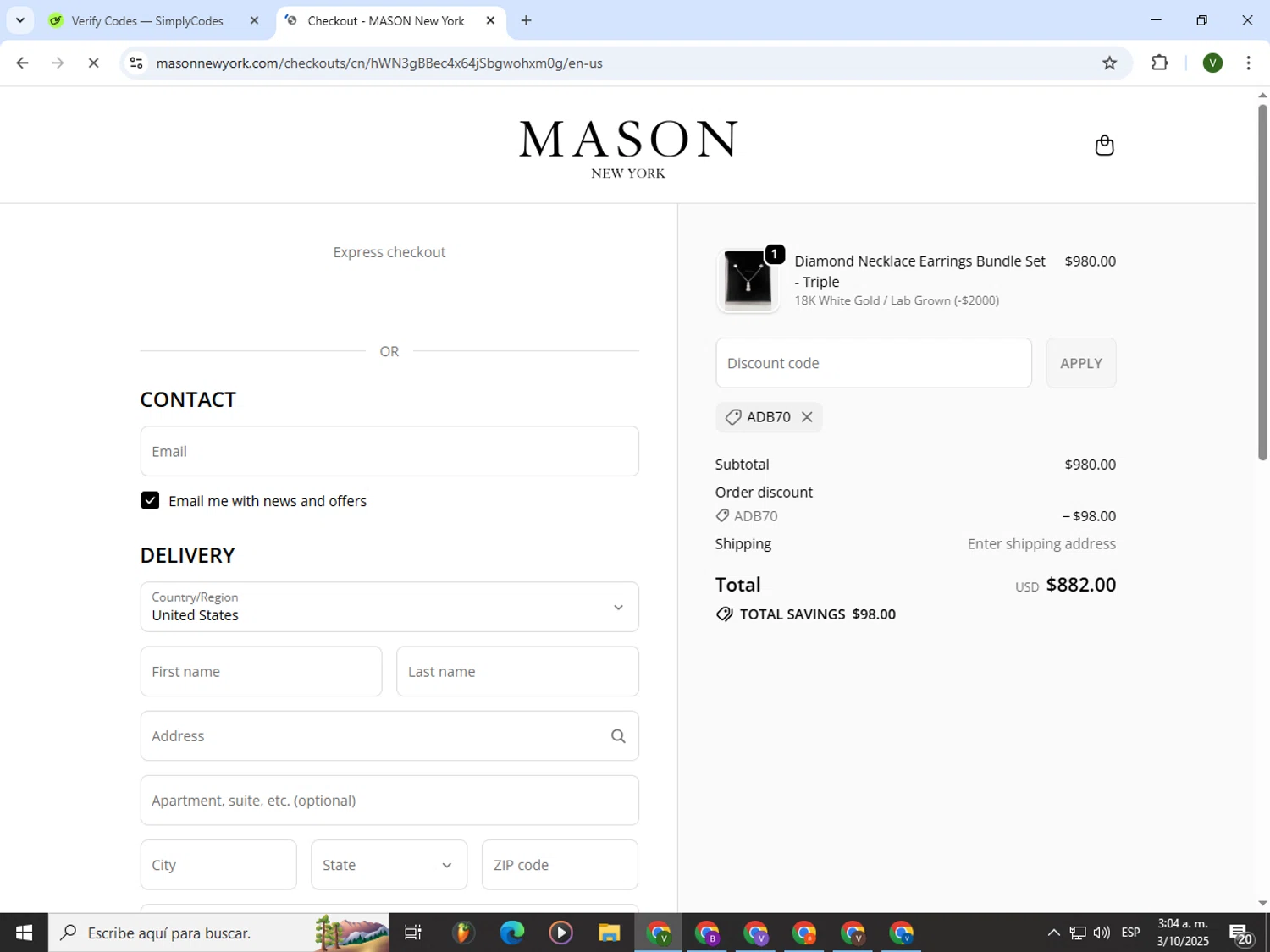 MASON New York promo code screenshot showing code ADB70 applied at MASON New York checkout page. Uploaded by SimplyCodes community member PrimeWizard4168 on Oct 3, 2025