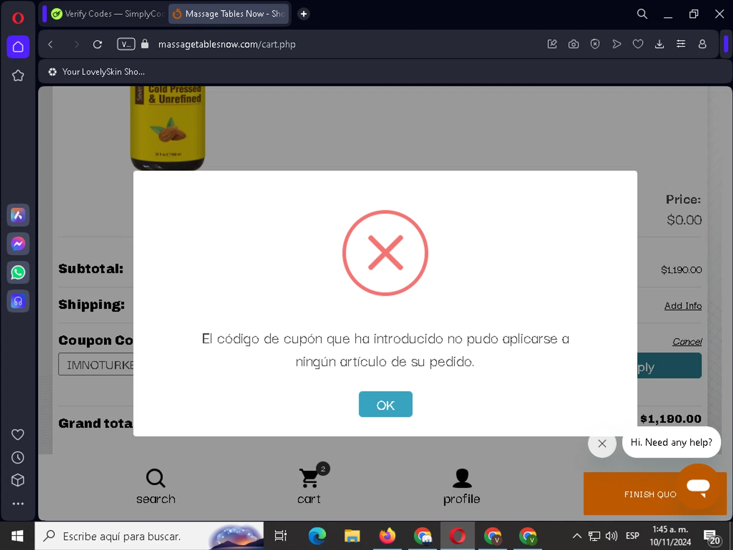 Massage Tables Now checkout page showing Massage Tables Now coupon code box | Screenshot taken by SimplyCodes community member on Nov 10, 2024