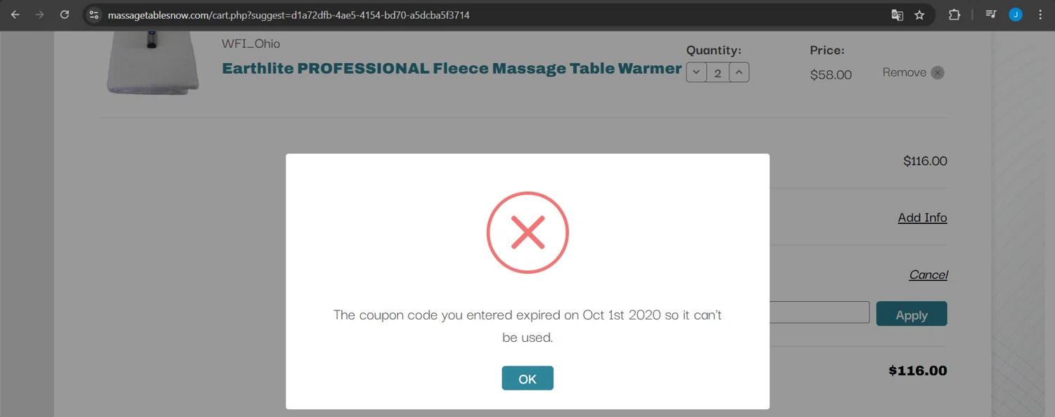 Massage Tables Now coupon code screenshot showing code CC4ME11 applied at Massage Tables Now checkout page. Uploaded by SimplyCodes community member Jeanjc on Mar 8, 2025