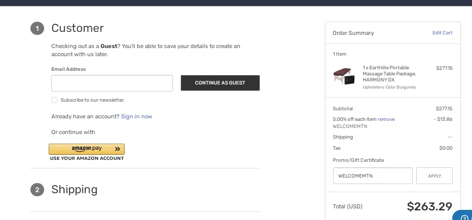 Massage Tables Now checkout page showing Massage Tables Now coupon code box | Screenshot taken by SimplyCodes community member on Feb 22, 2021
