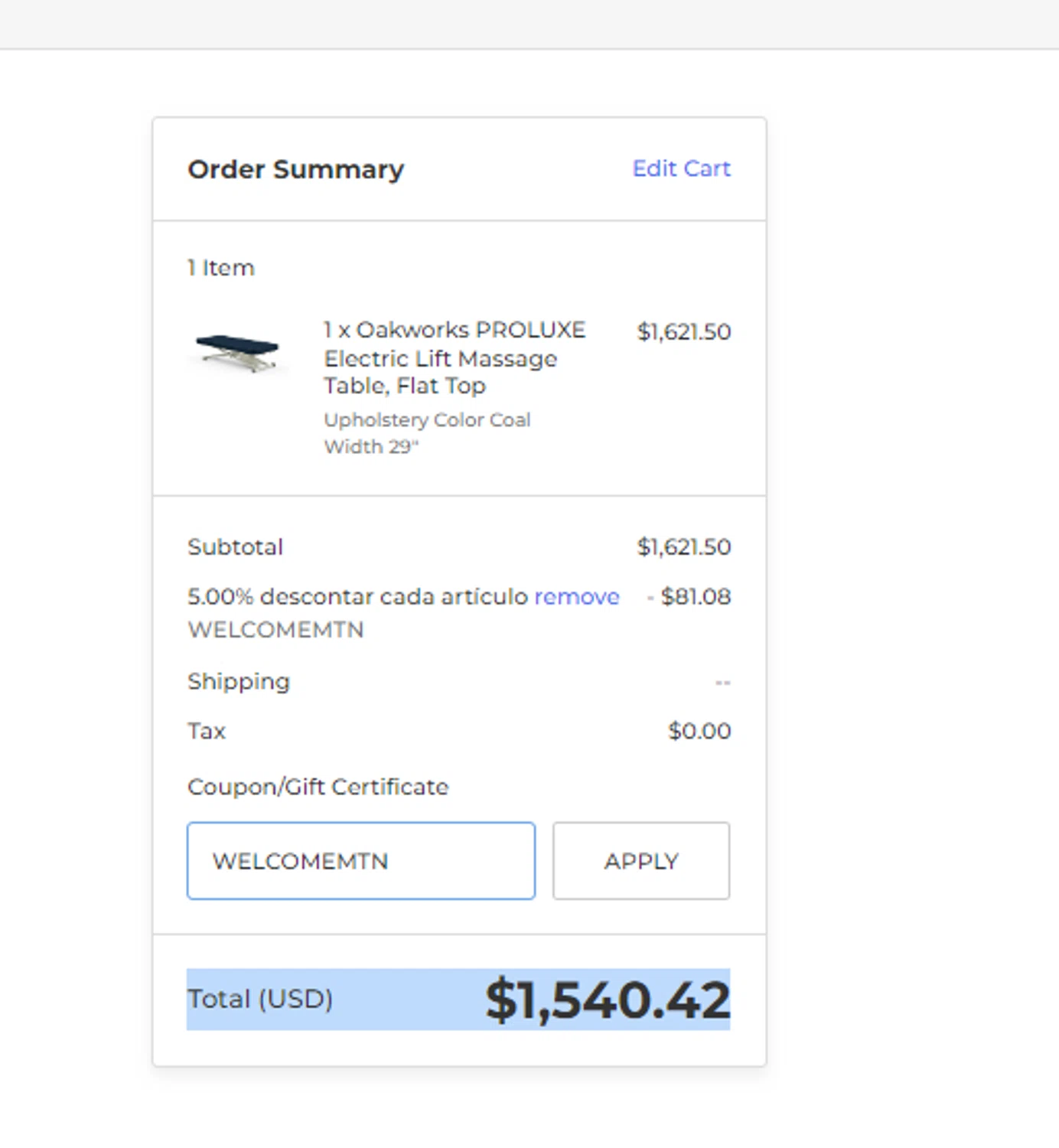 Massage Tables Now checkout page showing Massage Tables Now coupon code box | Screenshot taken by SimplyCodes community member on Jun 9, 2024
