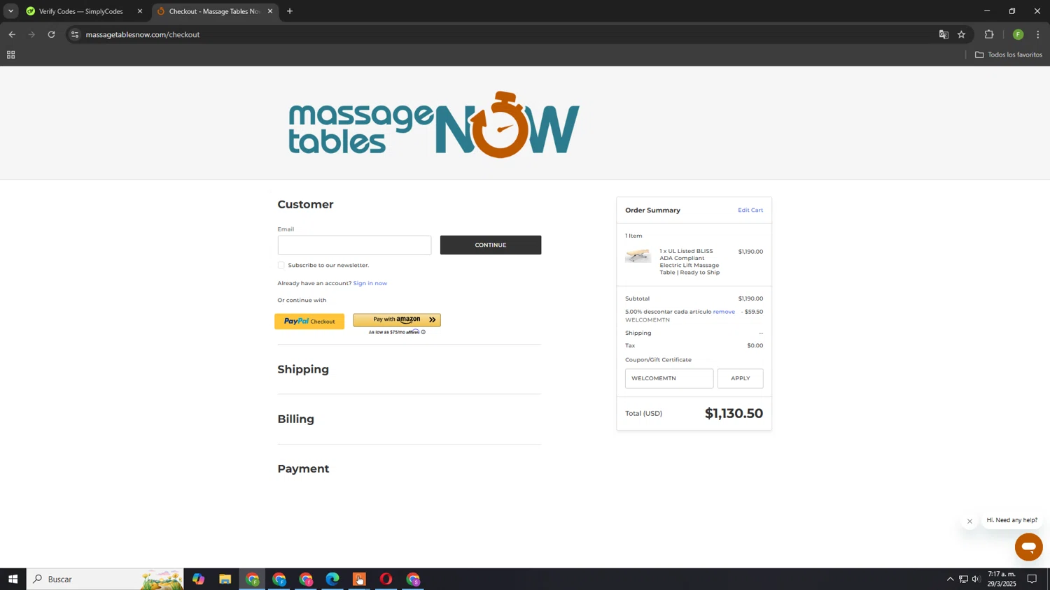Massage Tables Now coupon code screenshot showing code WELCOMEMTN applied at Massage Tables Now checkout page. Uploaded by SimplyCodes community member GloriousCaptain8066 on Mar 29, 2025