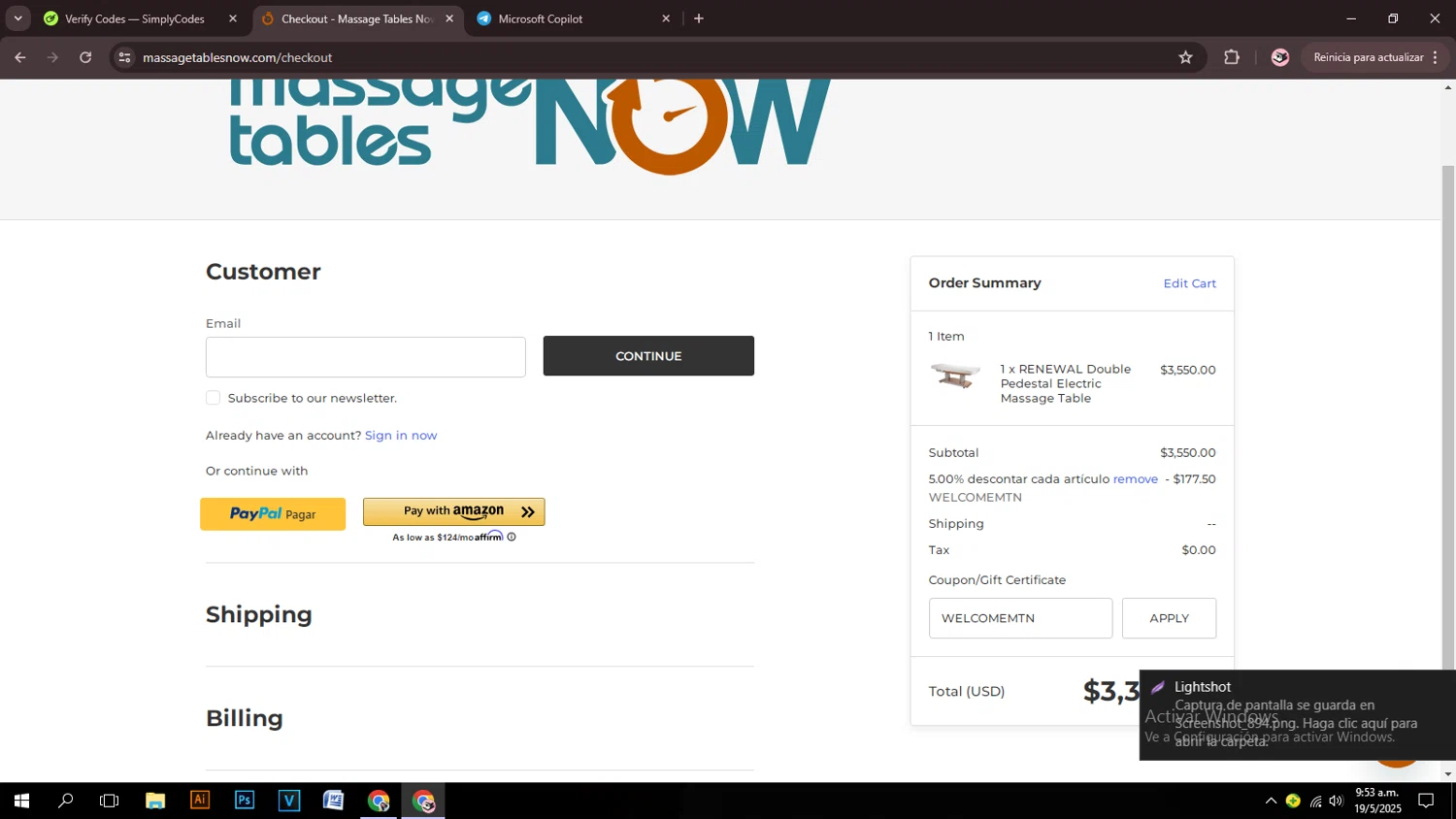 Massage Tables Now coupon code screenshot showing code WELCOMEMTN applied at Massage Tables Now checkout page. Uploaded by SimplyCodes community member girly08 on May 19, 2025