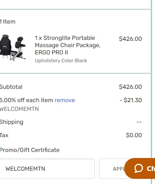 Massage Tables Now checkout page showing Massage Tables Now coupon code box | Screenshot taken by SimplyCodes community member on Aug 4, 2021