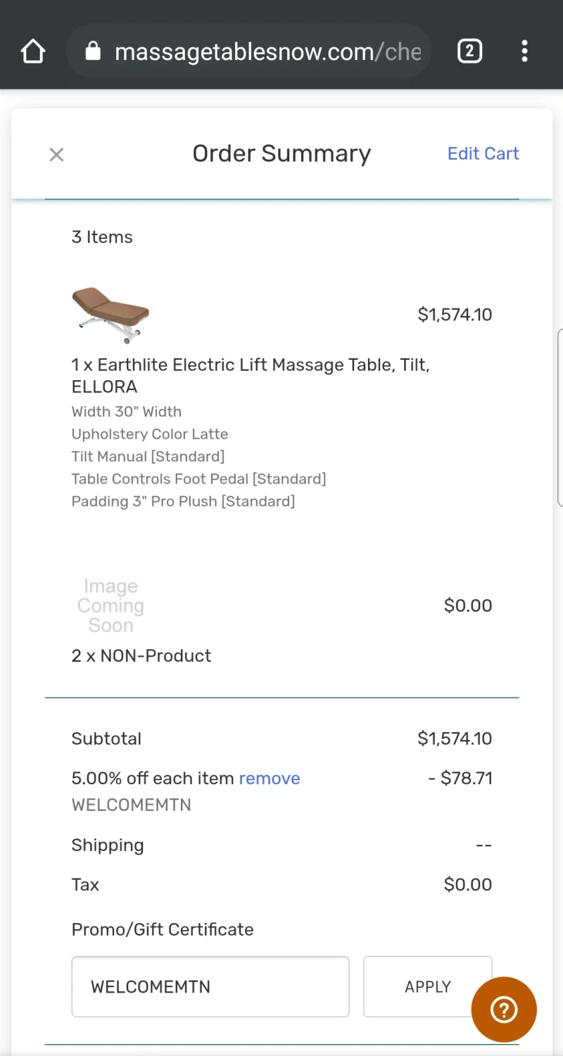 Massage Tables Now checkout page showing Massage Tables Now coupon code box | Screenshot taken by SimplyCodes community member on Apr 28, 2021