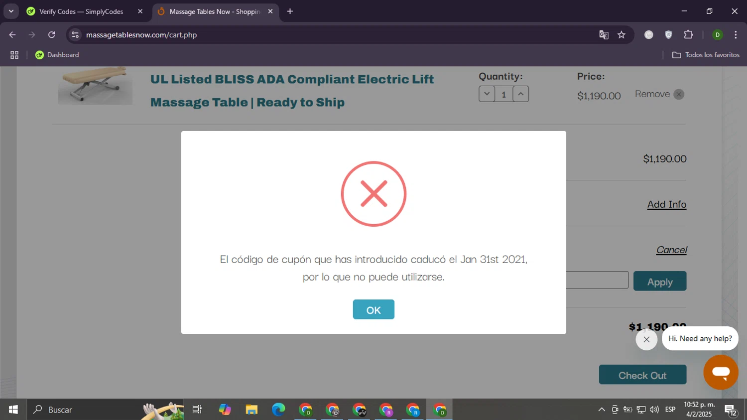 Massage Tables Now coupon code screenshot showing code ONWARD5 applied at Massage Tables Now checkout page. Uploaded by SimplyCodes community member Daemon06 on Feb 5, 2025