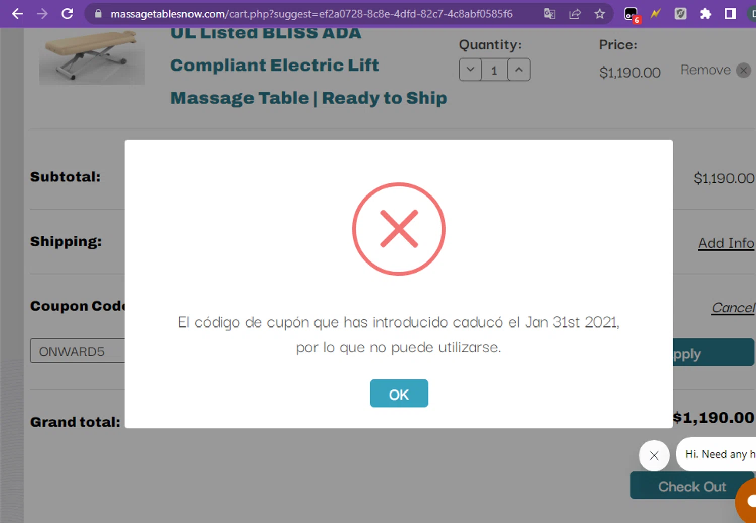 Massage Tables Now coupon code screenshot showing code ONWARD5 applied at Massage Tables Now checkout page. Uploaded by SimplyCodes community member Rei_Chikita_uwu on Feb 5, 2025