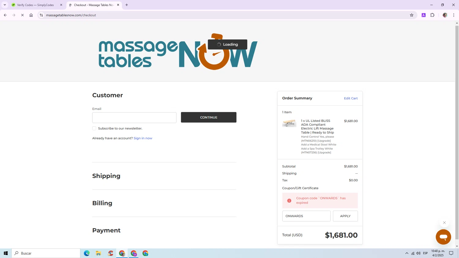 Massage Tables Now coupon code screenshot showing code ONWARD5 applied at Massage Tables Now checkout page. Uploaded by SimplyCodes community member VictoriaC on Feb 5, 2025