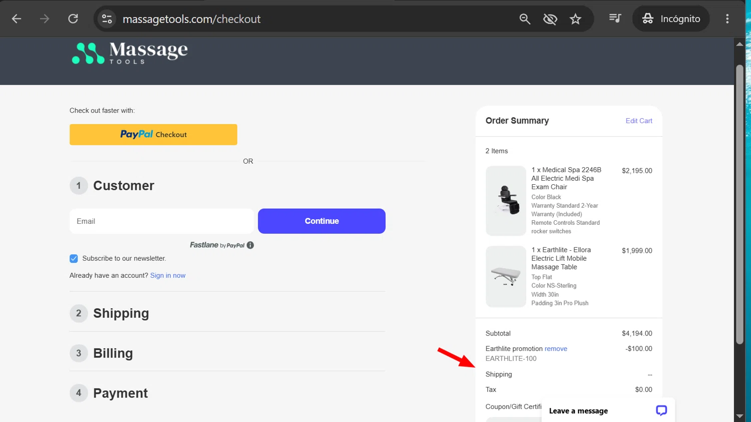 Massage Tools promo code screenshot showing code EARTHLITE-100 applied at Massage Tools checkout page. Uploaded by SimplyCodes community member anosesmith on May 30, 2026