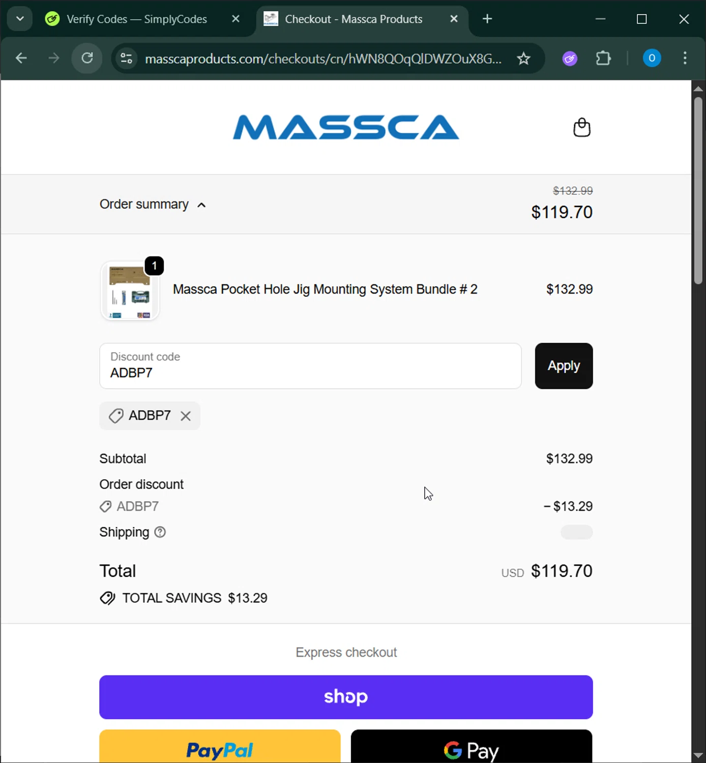 Massca promo code screenshot showing code ADBP7 applied at Massca checkout page. Uploaded by SimplyCodes community member RoyalSage9159 on Feb 5, 2026