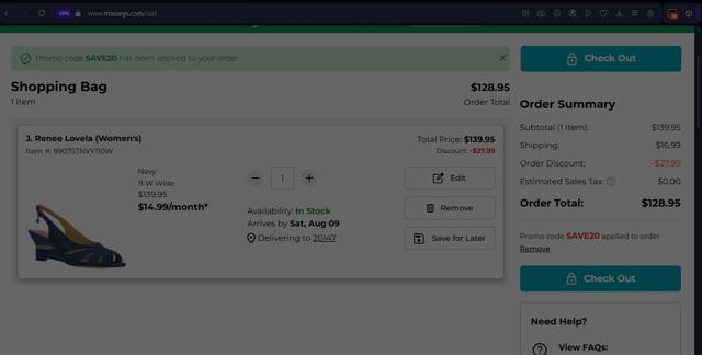 Masseys checkout page showing Masseys coupon code box | Screenshot taken by SimplyCodes community member on Aug 1, 2025