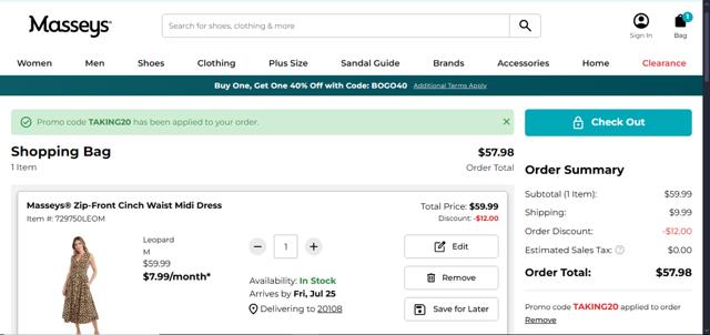 Masseys checkout page showing Masseys coupon code box | Screenshot taken by SimplyCodes community member on Jul 19, 2025