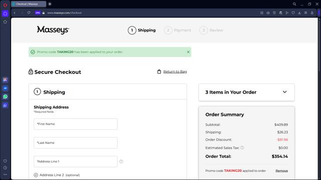 Masseys checkout page showing Masseys coupon code box | Screenshot taken by SimplyCodes community member on Aug 17, 2025