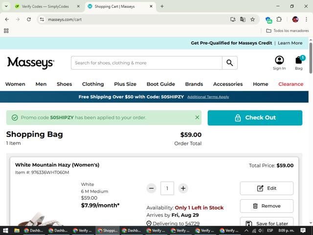 Masseys checkout page showing Masseys coupon code box | Screenshot taken by SimplyCodes community member on Aug 27, 2025