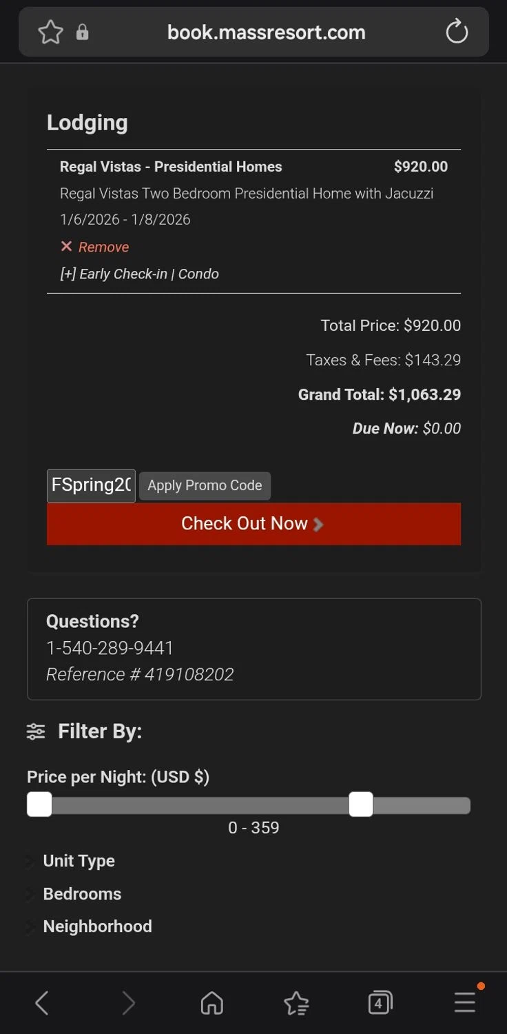 Massanutten Resort promo code screenshot showing code FSpring2023 applied at Massanutten Resort checkout page. Uploaded by SimplyCodes community member ValiantCurator3344 on Jan 4, 2026