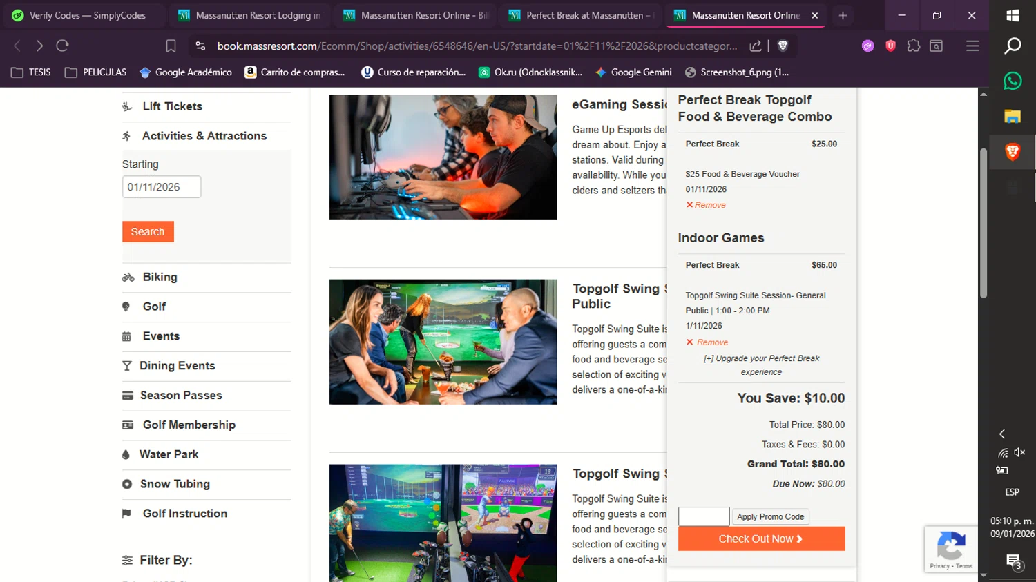 Massanutten Resort promo code screenshot showing code PerfectBreakFB24 applied at Massanutten Resort checkout page. Uploaded by SimplyCodes community member xXdevoragoticas69Xx on Jan 9, 2026