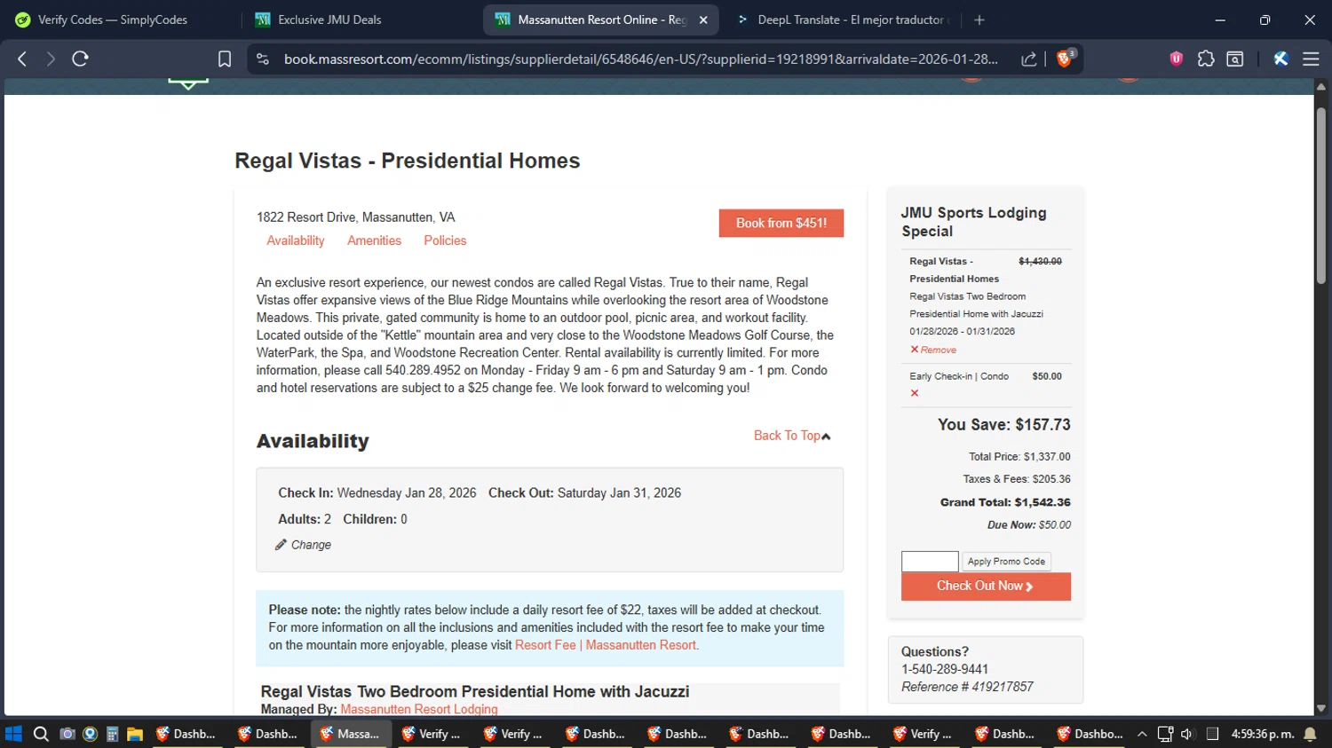 Massanutten Resort promo code screenshot showing code GoDukes25 applied at Massanutten Resort checkout page. Uploaded by SimplyCodes community member Jgomez on Jan 7, 2026