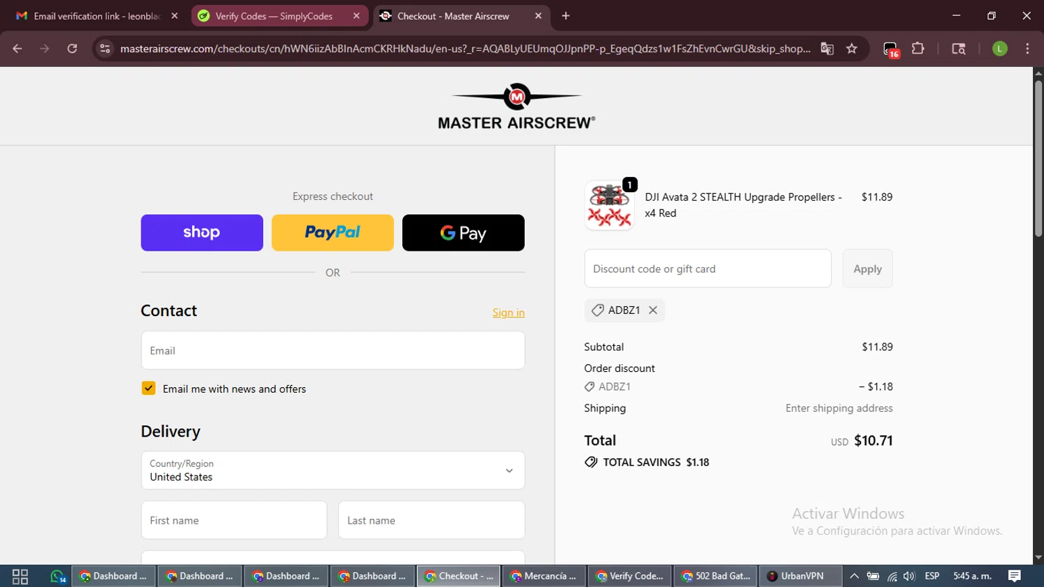 Master Airscrew promo code screenshot showing code ADBZ1 applied at Master Airscrew checkout page. Uploaded by SimplyCodes community member CleverFalcon7682 on Dec 22, 2025