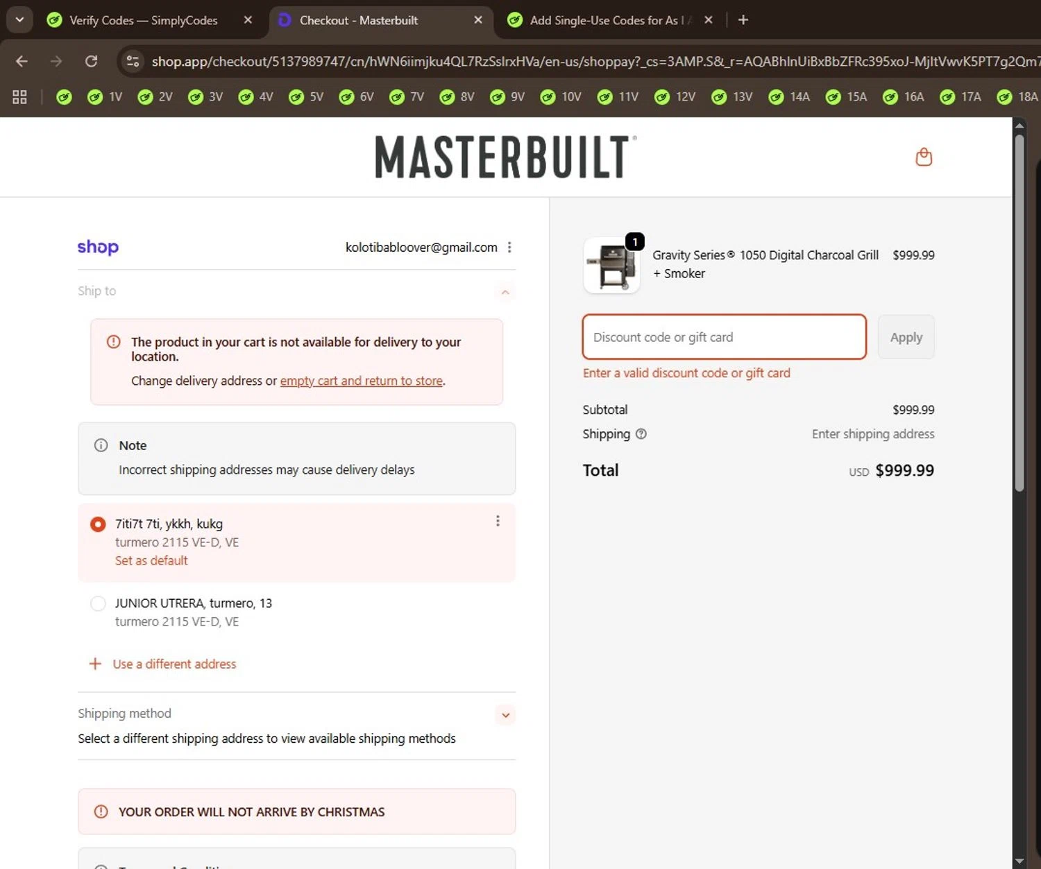 Masterbuilt discount code screenshot showing code THANKFUL20 applied at Masterbuilt checkout page. Uploaded by SimplyCodes community member Locura on Dec 22, 2025