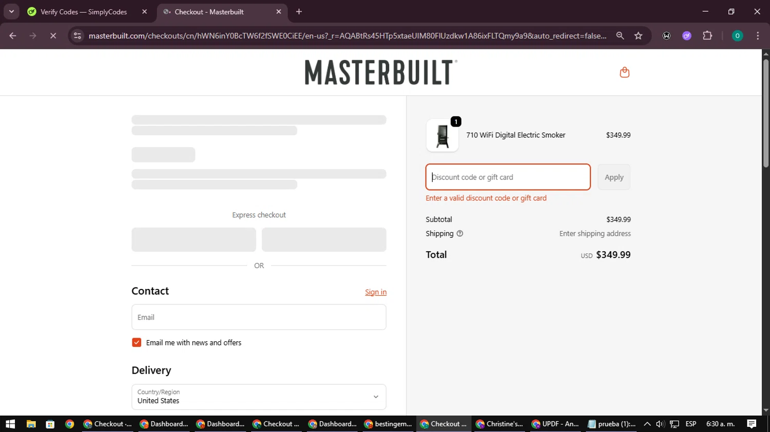 Masterbuilt discount code screenshot showing code THANKFUL20 applied at Masterbuilt checkout page. Uploaded by SimplyCodes community member LuckyDefender9428 on Dec 22, 2025