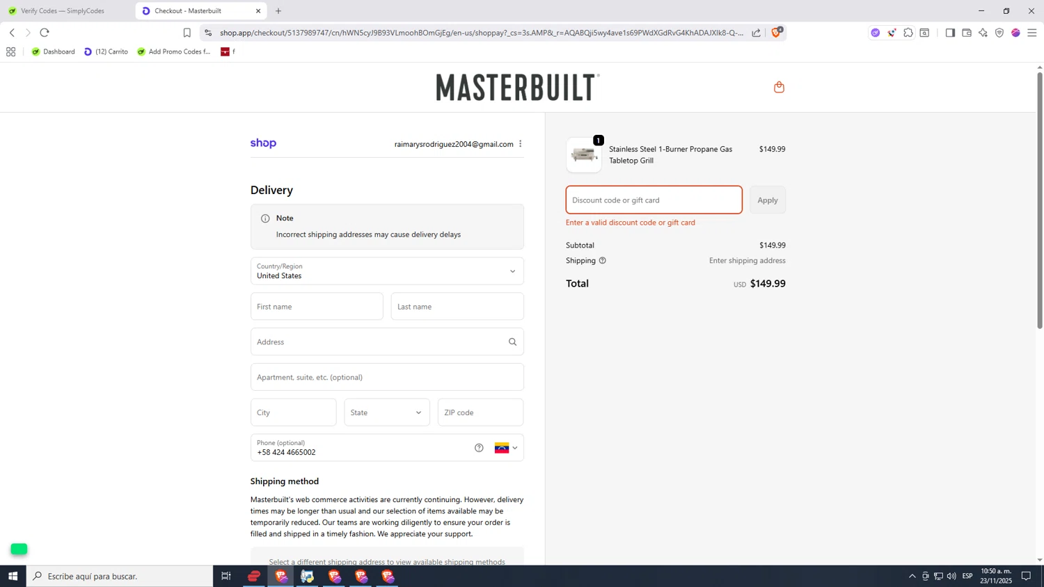 Masterbuilt discount code screenshot showing code GIFTING30 applied at Masterbuilt checkout page. Uploaded by SimplyCodes community member Nezukooo on Nov 23, 2025