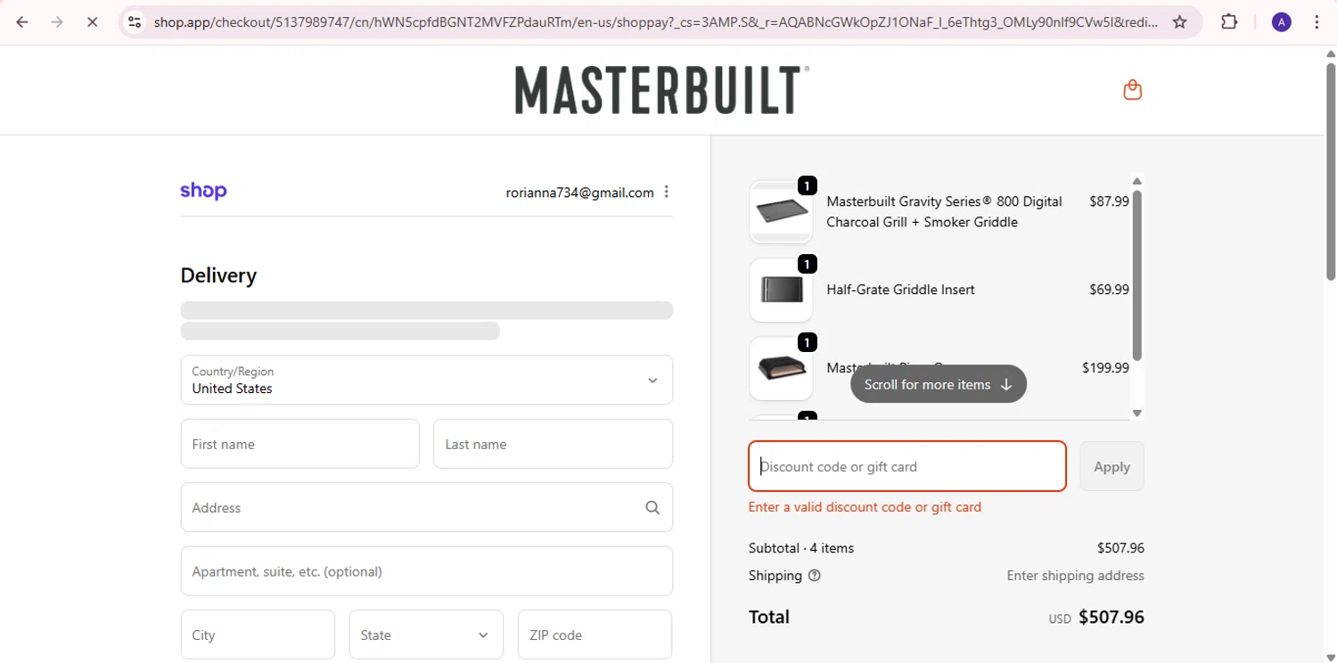 Masterbuilt discount code screenshot showing code GIFTING30 applied at Masterbuilt checkout page. Uploaded by SimplyCodes community member PromoExpert5262 on Nov 23, 2025
