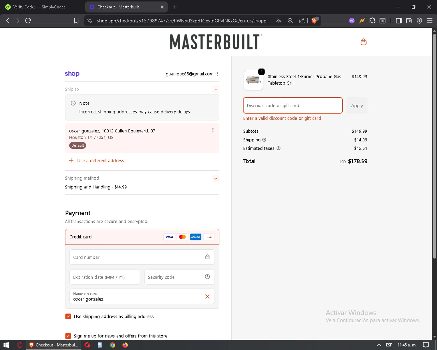 Masterbuilt discount code screenshot showing code GIFTING30 applied at Masterbuilt checkout page. Uploaded by SimplyCodes community member mixelis on Nov 23, 2025