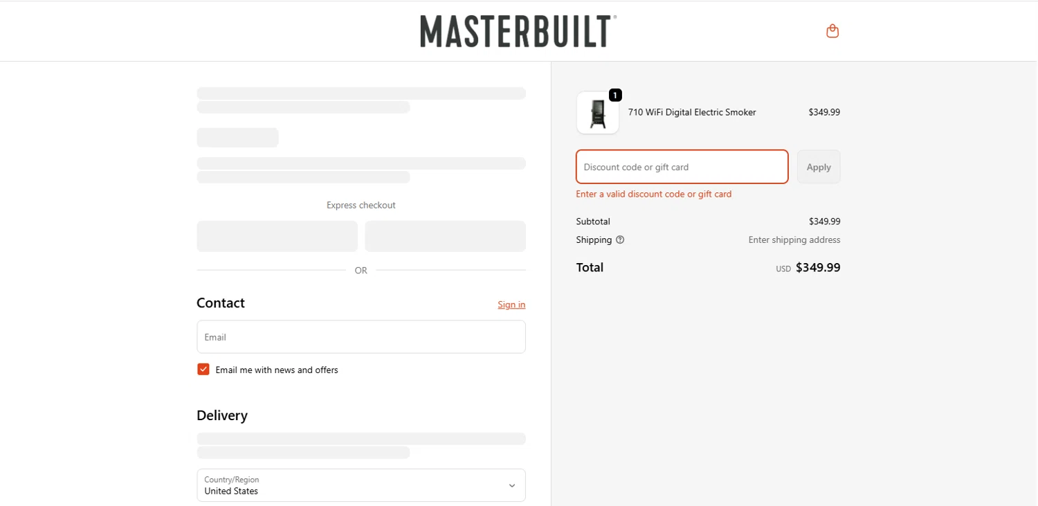 Masterbuilt discount code screenshot showing code HOLIDAY20 applied at Masterbuilt checkout page. Uploaded by SimplyCodes community member MagnifiHero3476 on Dec 9, 2025