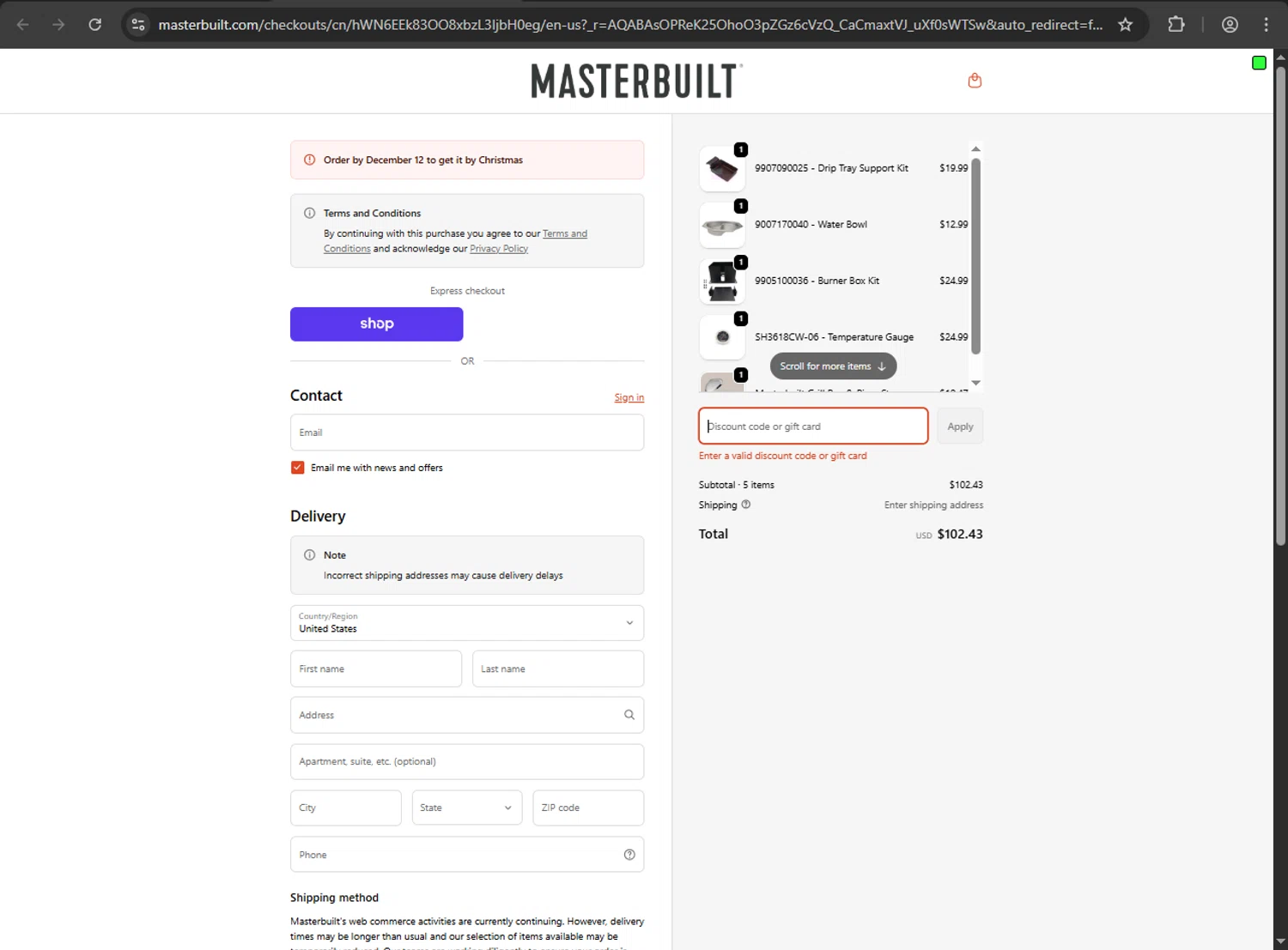 Masterbuilt discount code screenshot showing code PIZZA20 applied at Masterbuilt checkout page. Uploaded by SimplyCodes community member JakePerrox on Dec 9, 2025