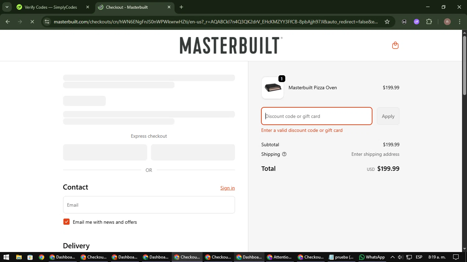 Masterbuilt discount code screenshot showing code PIZZA20 applied at Masterbuilt checkout page. Uploaded by SimplyCodes community member SmartWarden8713 on Dec 9, 2025