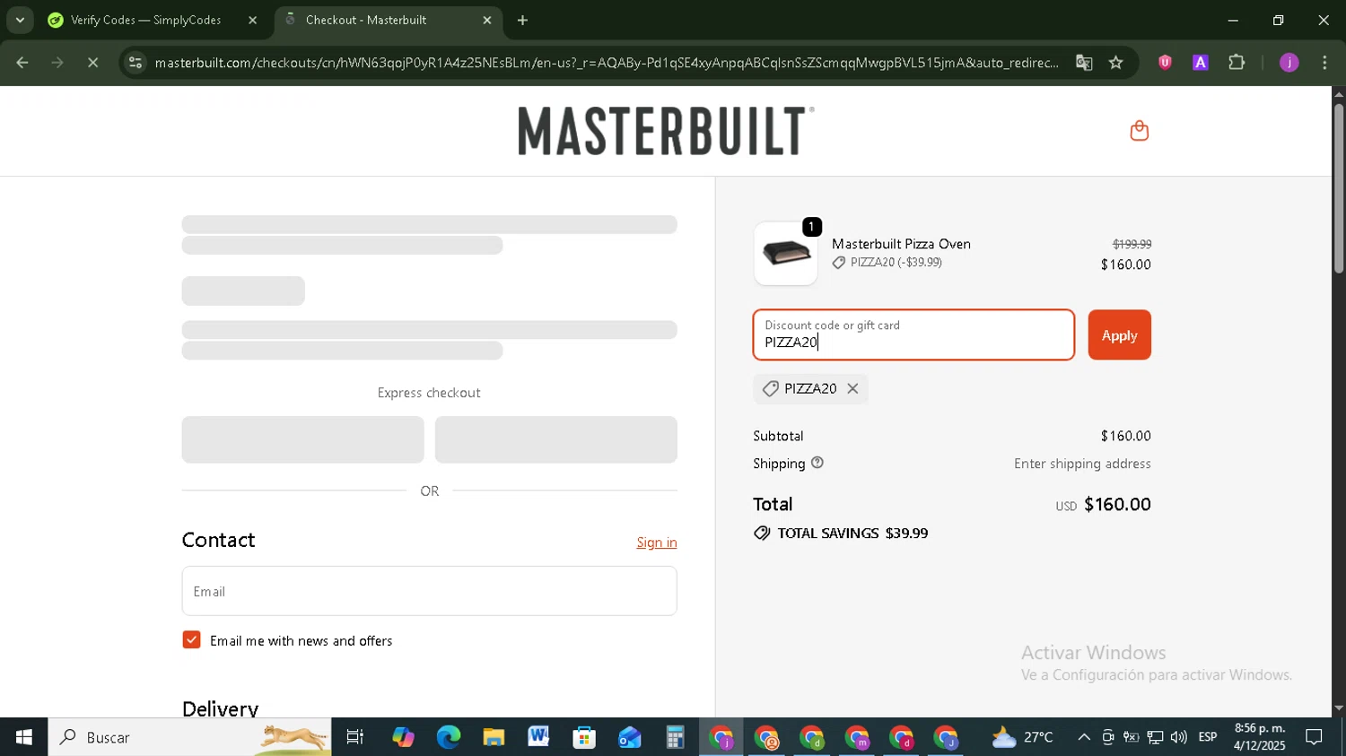 Masterbuilt checkout page showing Masterbuilt discount code box | Screenshot taken by SimplyCodes community member on Dec 5, 2025