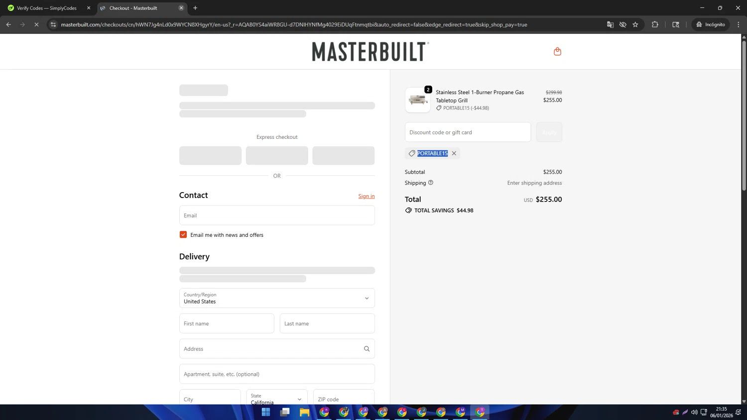 Masterbuilt checkout page showing Masterbuilt discount code box | Screenshot taken by SimplyCodes community member on Jan 7, 2026