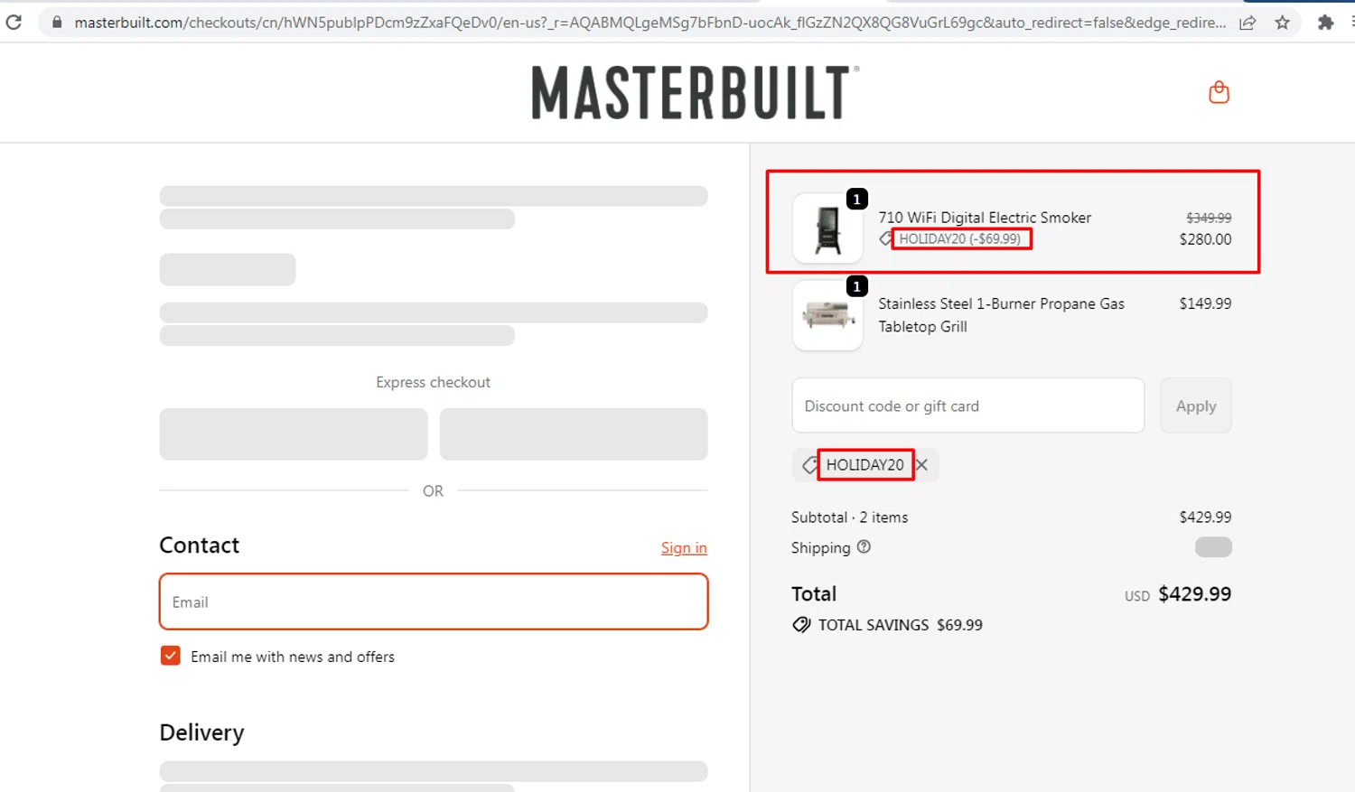 Masterbuilt discount code screenshot showing code HOLIDAY20 applied at Masterbuilt checkout page. Uploaded by SimplyCodes community member nileskamarcano on Nov 29, 2025