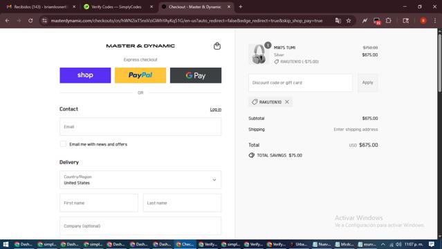 Master & Dynamic checkout page showing Master & Dynamic promo code box | Screenshot taken by SimplyCodes community member on Sep 8, 2025