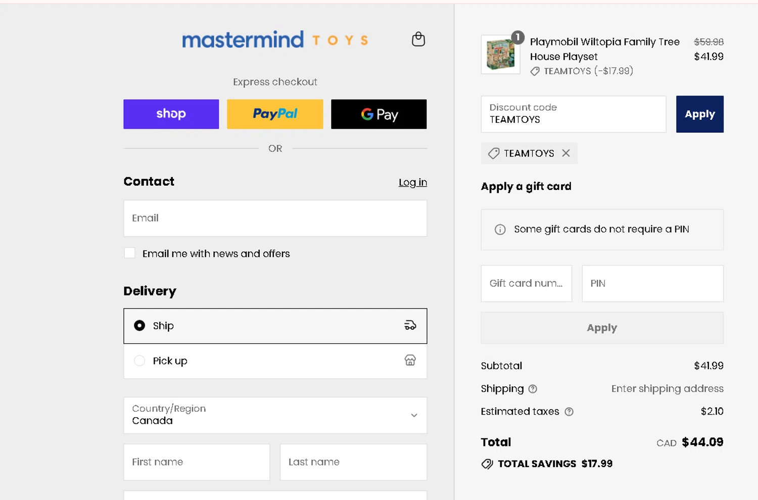 Mastermind Toys promo code screenshot showing code TEAMTOYS applied at Mastermind Toys checkout page. Uploaded by SimplyCodes community member tuvalu10 on Aug 30, 2025